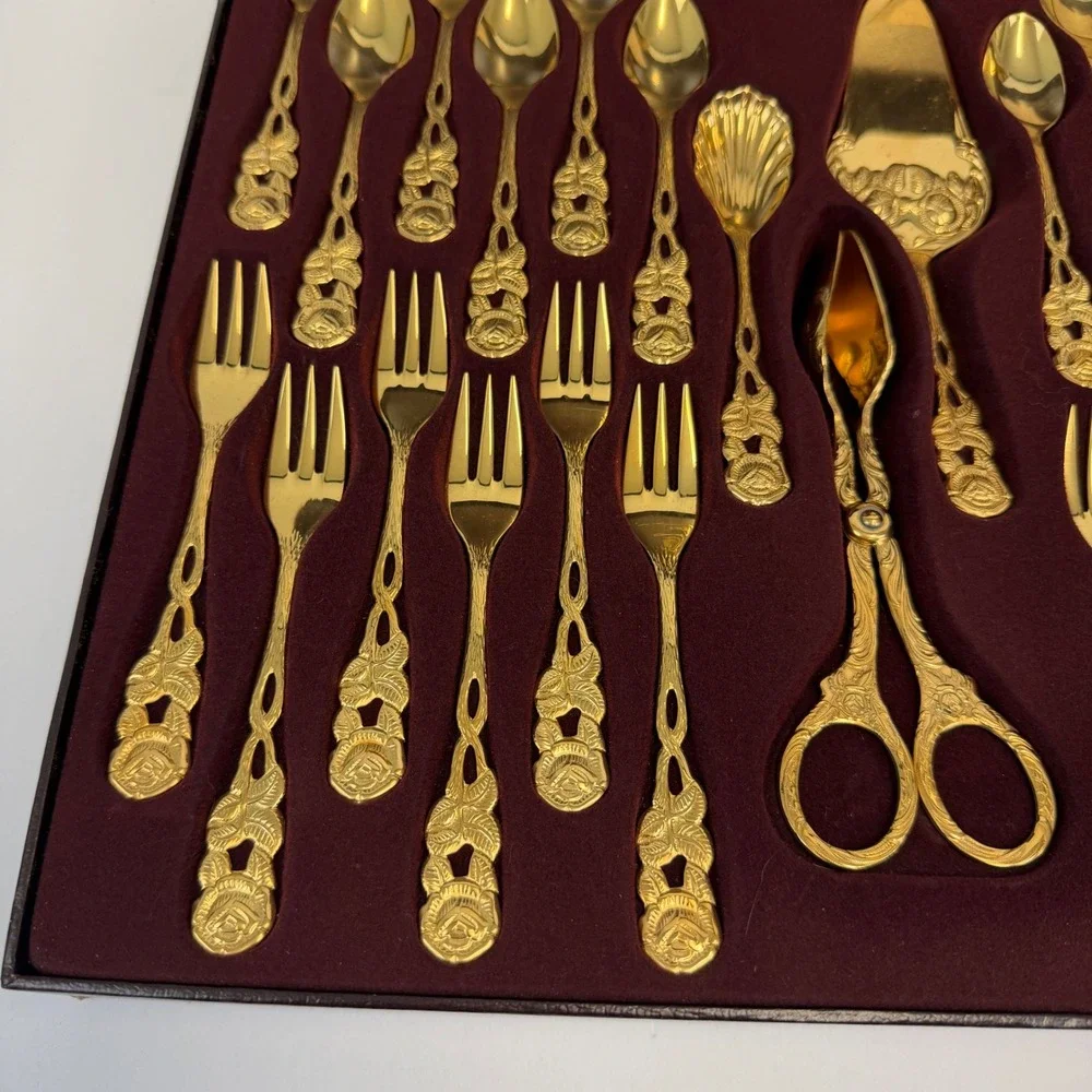 Solingen 23/24K Gold Plated Hostess Flatware Set 28pc Rose Pattern West Germany